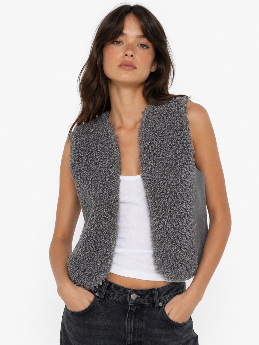 Gray Sherpa Vest - Women's Cozy Open-Front Vest